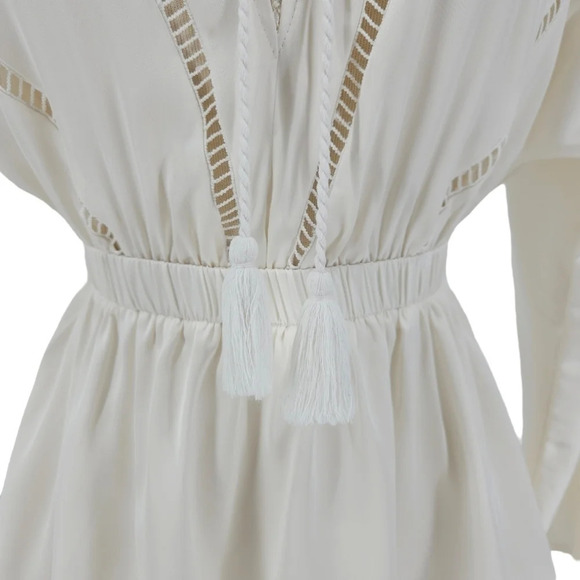 Express Peplum Blouse Satin Ivory Dolman Sleeve Tassel V Neck Top Shirt - Picture 4 of 8